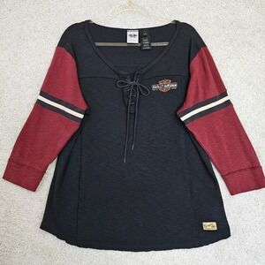 Harley‎ Davidson 3/4 Sleeve Lace Up Women's Double Sided Maroon/Gray Shirt Sz XL